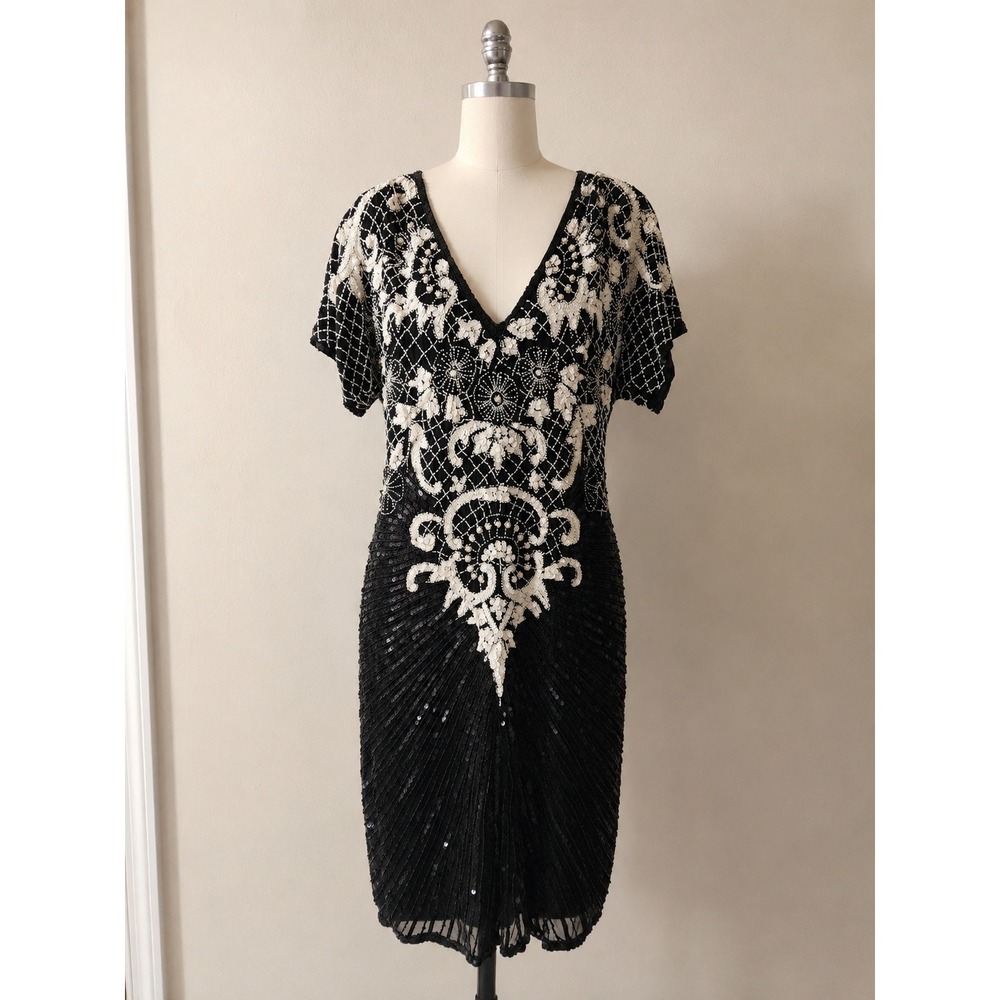 Vintage 80s 90s Black White Beaded Sequin Silk Cocktail Dress Size 12
